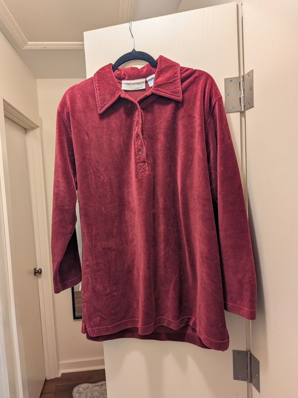 Plush Velvet Velour Polo Pullover in Burgundy Large